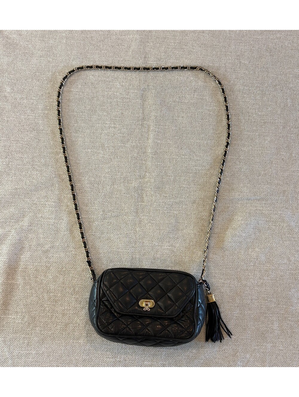 Vintage Jay Herbert New York Quilted Black Leather Crossbody Camera Bag Tassel